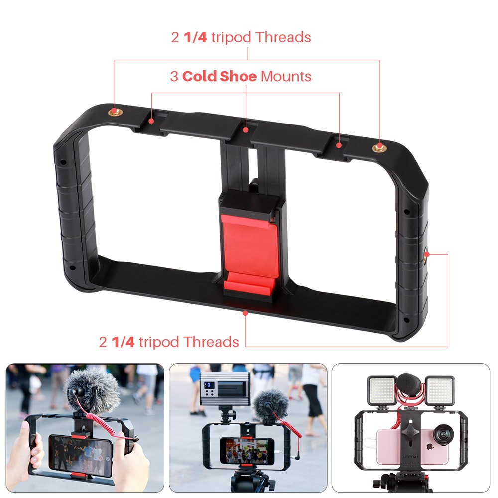 Supporto Stabilizzatore Per Smartphone U7219 – Gabbia Rigida Con 5 Attacchi 1/4", 3 Slitte Fredde, Impugnatura Gommata, Per Video E Vlog (nero/rosso)