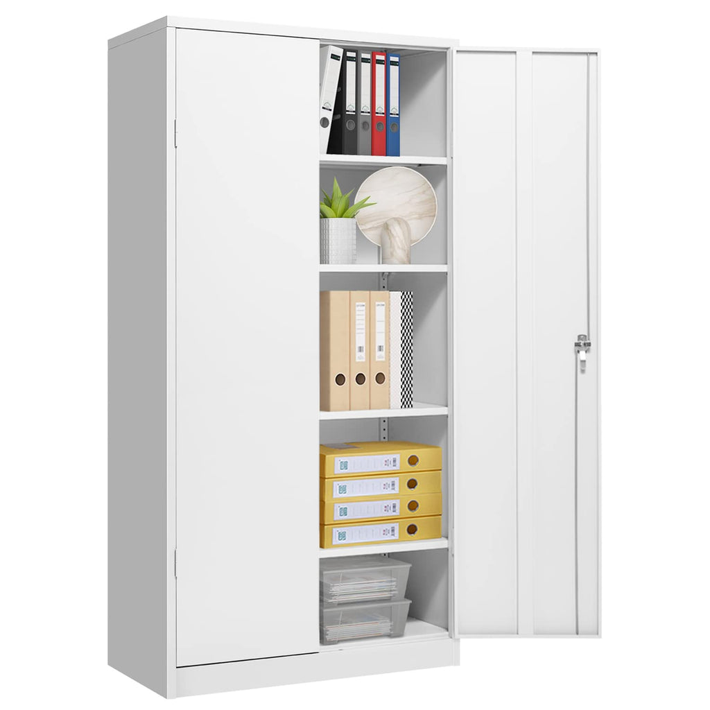 INTERGREAT Metal Storage Cabinet with 2 Doors and 4 Adjustable Shelves, Garage Storage Cabinet, Tall Steel Cabinet Locking Cabinet for Office,Home, Garage, Gym, School (White)