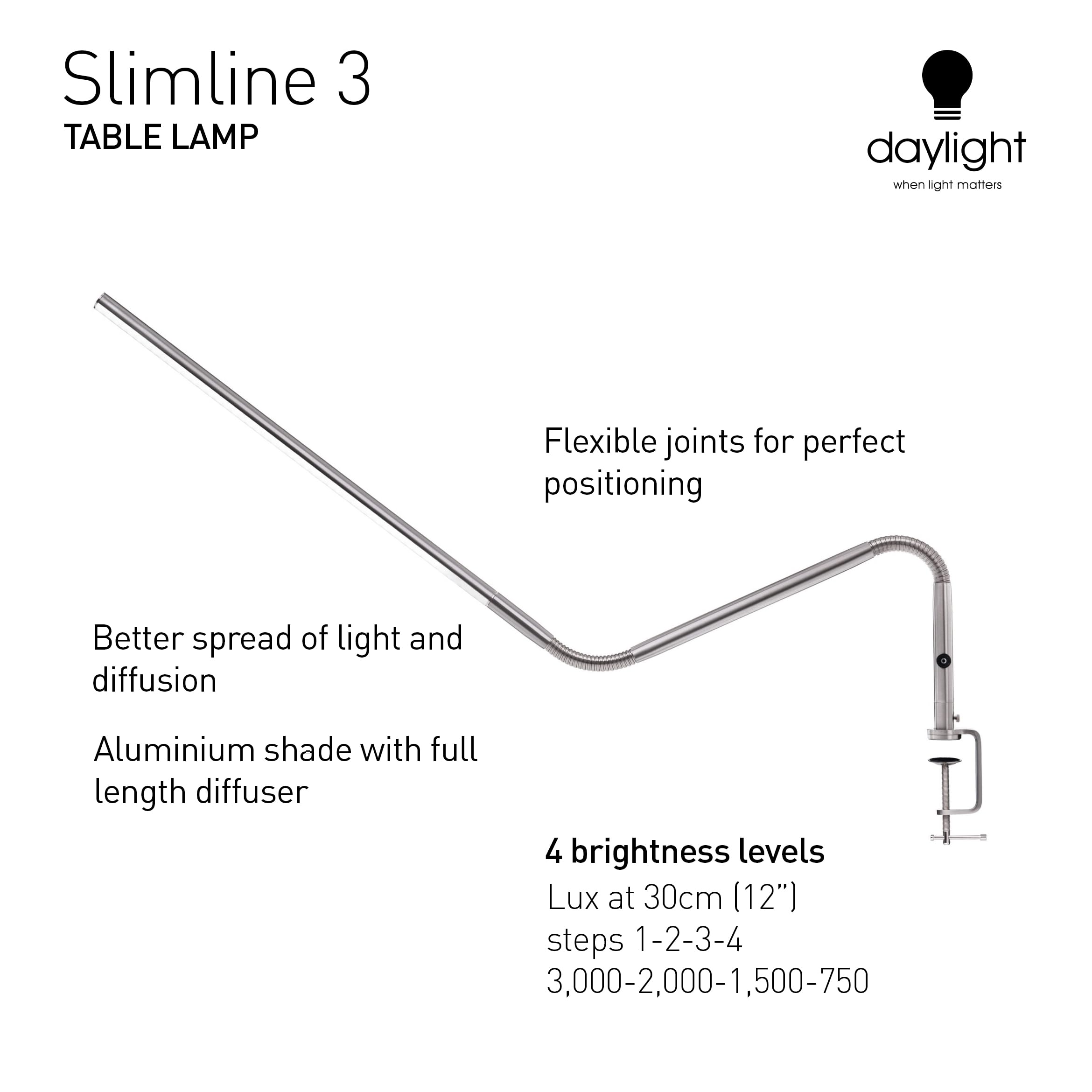 Daylight Company, LLC U35108 Slimline 3 Table Lamp-LED-80 CRI-Eye Care-4 Brightness Levels, 3,000 LUX at 30 cm, 1,065 LUMENS-4 Step DIMMER Mode, Brushed Steel, 25.6 x 30 x .8