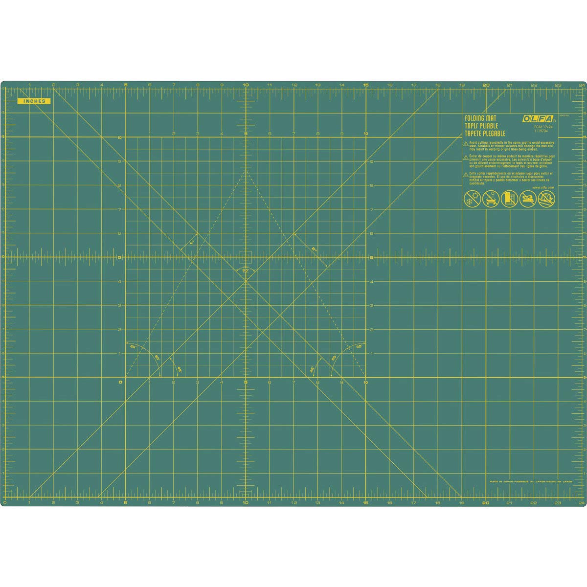 OLFA 17" x 24" Folding Cutting Mat (FCM-17x24) - Self Healing 17x24 Inch Foldable Rotary Mat with Grid for Quilting, Sewing, Fabric & Crafts, Use with Rotary Cutters & Fixed Blade Knives (Green)