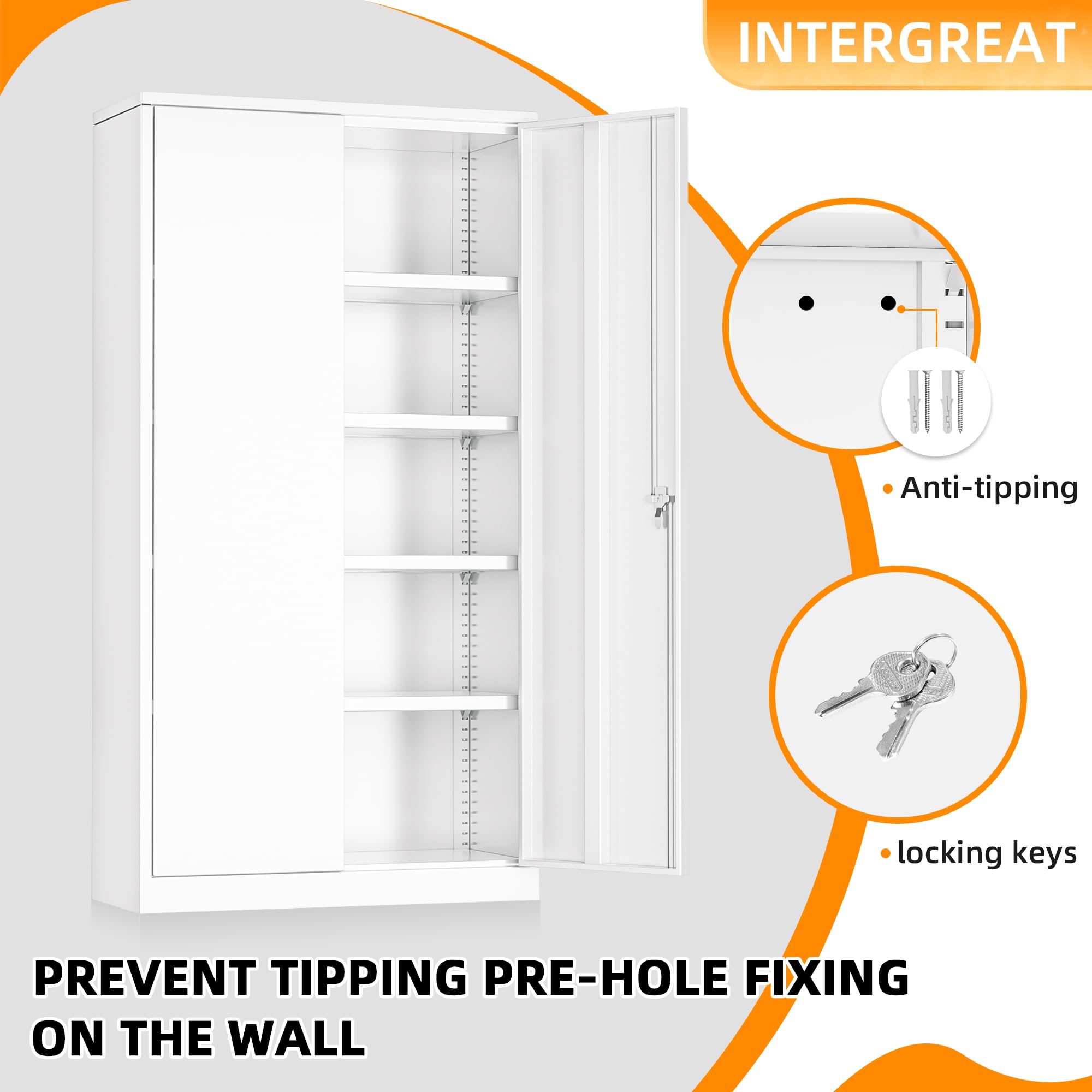 INTERGREAT Metal Storage Cabinet with 2 Doors and 4 Adjustable Shelves, Garage Storage Cabinet, Tall Steel Cabinet Locking Cabinet for Office,Home, Garage, Gym, School (White)