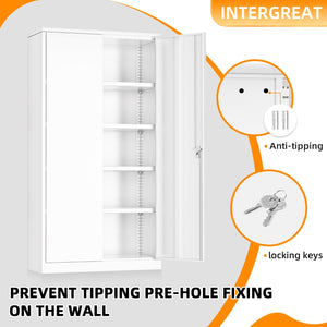 INTERGREAT Metal Storage Cabinet with 2 Doors and 4 Adjustable Shelves, Garage Storage Cabinet, Tall Steel Cabinet Locking Cabinet for Office,Home, Garage, Gym, School (White)