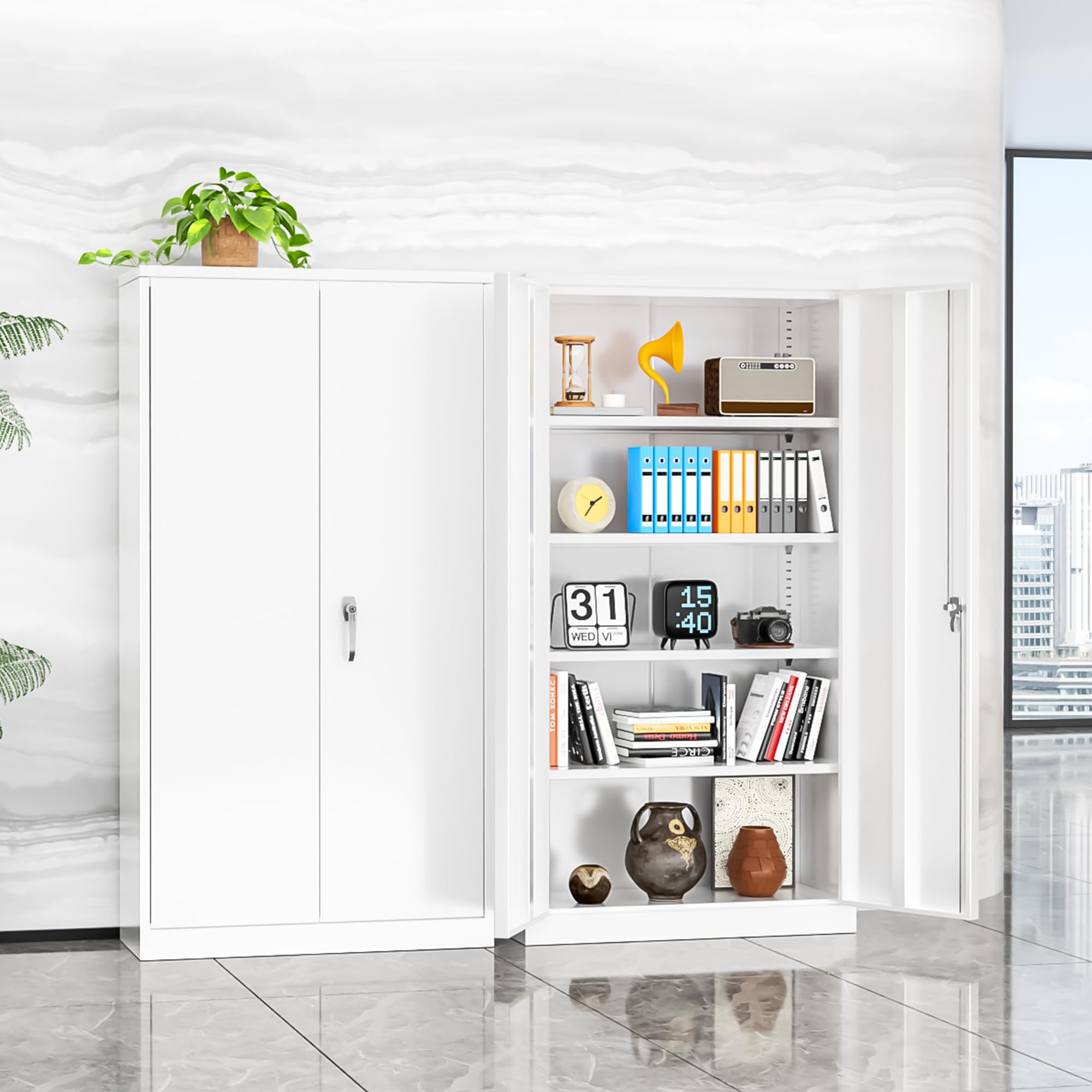 INTERGREAT Metal Storage Cabinet with 2 Doors and 4 Adjustable Shelves, Garage Storage Cabinet, Tall Steel Cabinet Locking Cabinet for Office,Home, Garage, Gym, School (White)