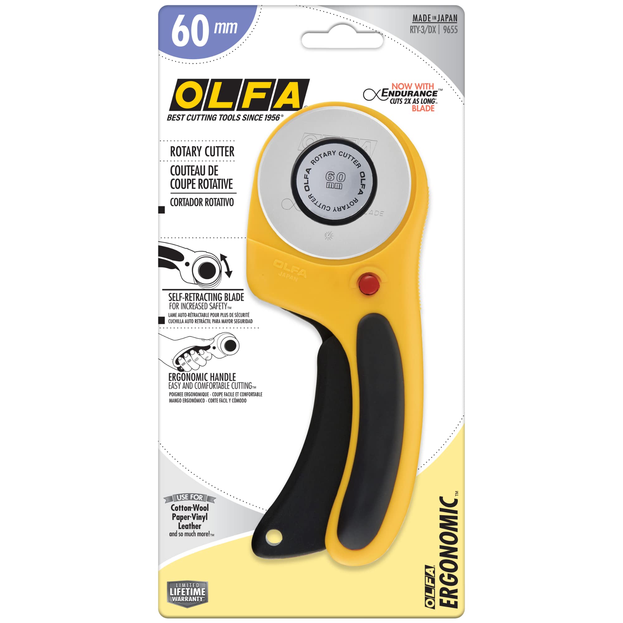 OLFA 60mm Ergonomic Rotary Cutter (RTY-3/DX) - Rotary Fabric Cutter w/Blade Cover & Squeeze Trigger for Quilting, Sewing, Crafts, Replacement Blade: OLFA RB60-1