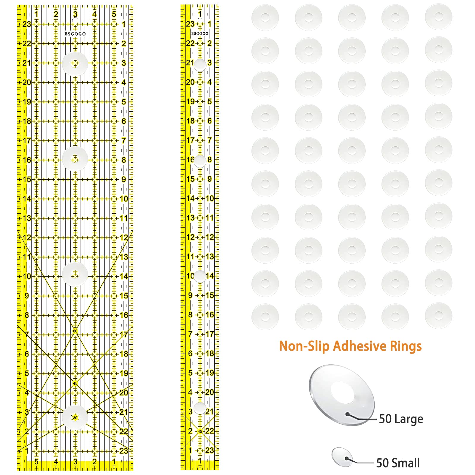 Acrylic Ruler 7 Piece Set, Non Slip Rings 50 Pieces，Quilting Rulers, Size (6"x24"),(2"x24"),(3"x18"),(3"x8"),(1.5"x12"),(1"x12"),(1"x6")