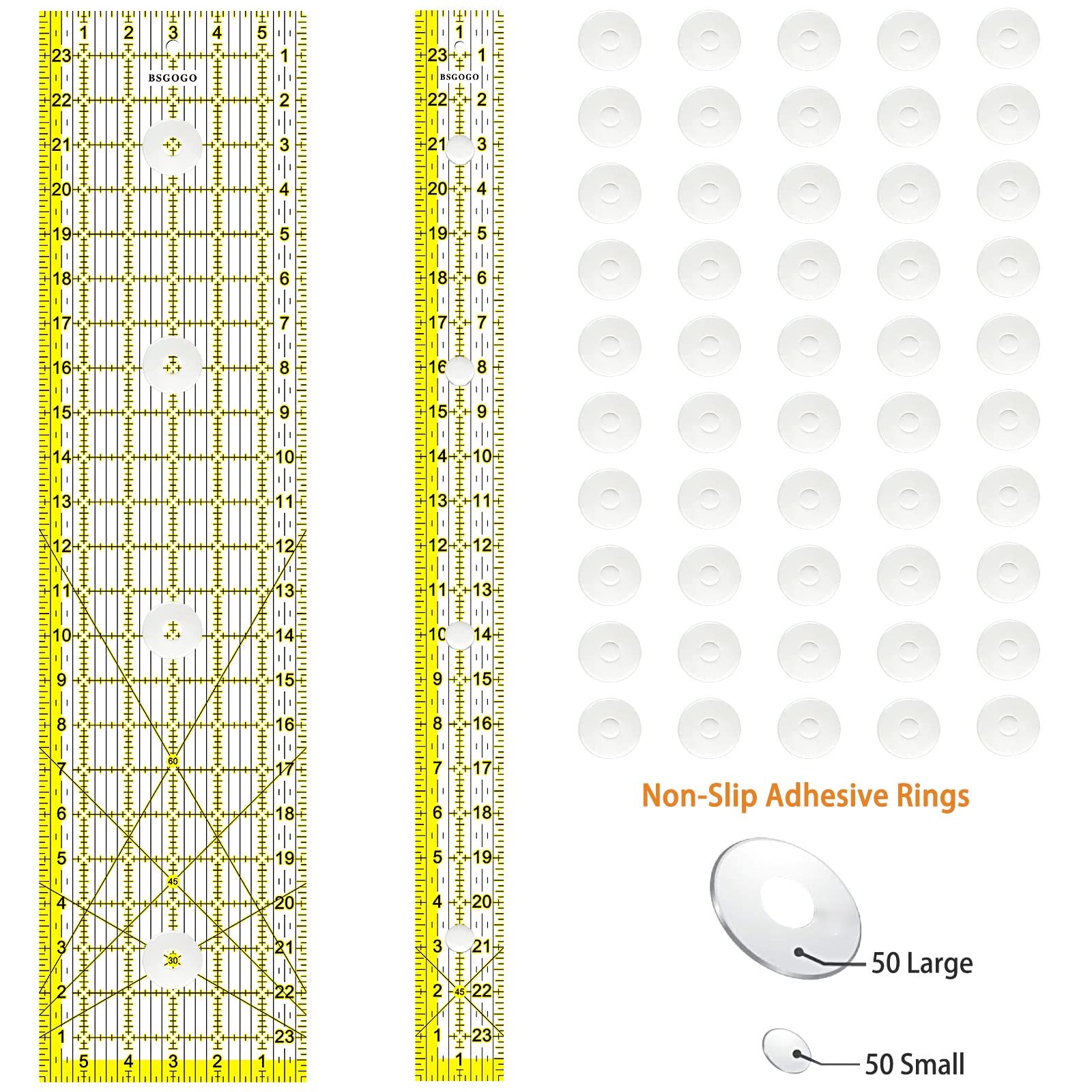 Acrylic Ruler 7 Piece Set, Non Slip Rings 50 Pieces，Quilting Rulers, Size (6"x24"),(2"x24"),(3"x18"),(3"x8"),(1.5"x12"),(1"x12"),(1"x6")