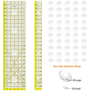 Acrylic Ruler 7 Piece Set, Non Slip Rings 50 Pieces，Quilting Rulers, Size (6"x24"),(2"x24"),(3"x18"),(3"x8"),(1.5"x12"),(1"x12"),(1"x6")