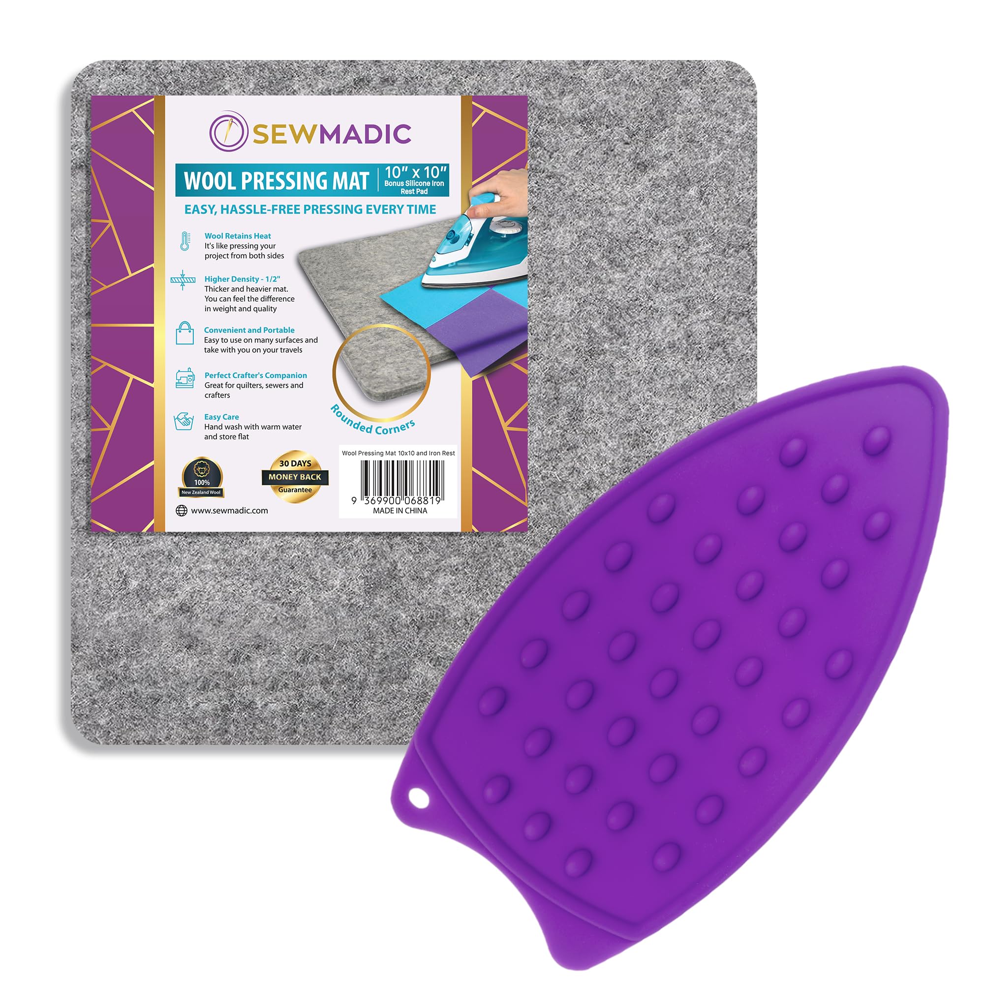 Wool Pressing Mat 10 x 10 Inch (25.4cm x 25.4cm) – 100% New Zealand Wool Quilting Ironing Pad – Portable, Odorless, Double-Sided Ironing Mat for Sewing & Embroidery – Includes Silicone Iron Rest