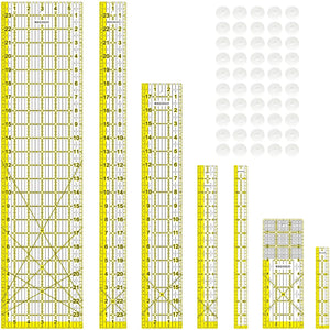 Acrylic Ruler 7 Piece Set, Non Slip Rings 50 Pieces，Quilting Rulers, Size (6"x24"),(2"x24"),(3"x18"),(3"x8"),(1.5"x12"),(1"x12"),(1"x6")