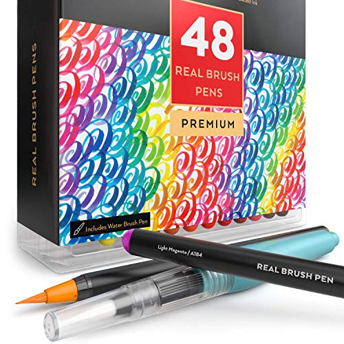 Arteza Real Brush Pens, 48 Colors for Watercolor Painting with Flexible Nylon Brush Tips, Paint Markers for Coloring, Calligraphy and Drawing with Water Brush for Artists and Beginner Painters