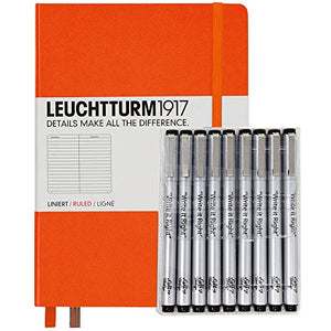 Leuchturm1917 Dotted Journal Medium A5 Bullet Notebook with 9 Pack Black Pigma Fineliner Fine Tip Brush Journaling Pens Set (Dotted, Orange)