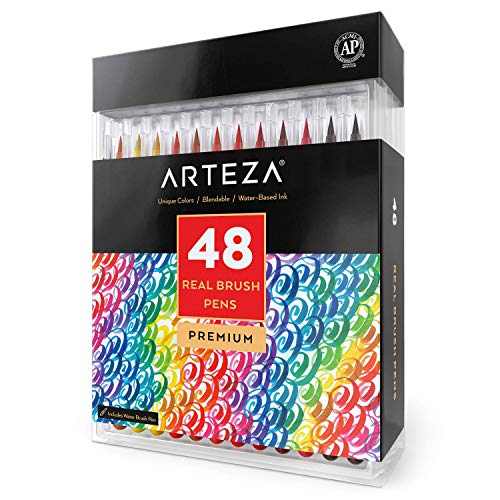 Arteza Real Brush Pens, 48 Colors for Watercolor Painting with Flexible Nylon Brush Tips, Paint Markers for Coloring, Calligraphy and Drawing with Water Brush for Artists and Beginner Painters