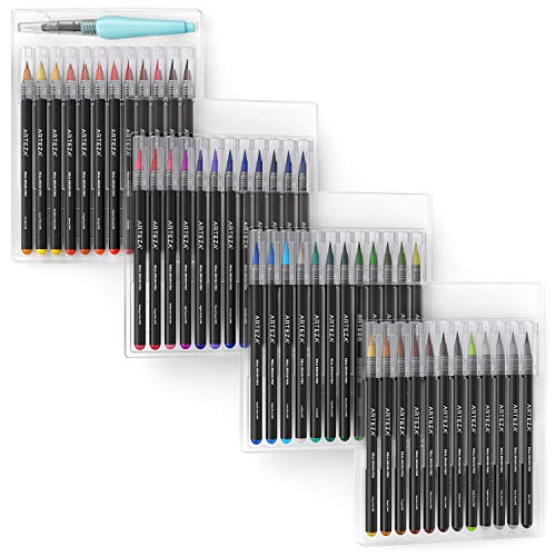 Arteza Real Brush Pens, 48 Colors for Watercolor Painting with Flexible Nylon Brush Tips, Paint Markers for Coloring, Calligraphy and Drawing with Water Brush for Artists and Beginner Painters
