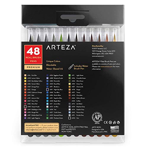 Arteza Real Brush Pens, 48 Colors for Watercolor Painting with Flexible Nylon Brush Tips, Paint Markers for Coloring, Calligraphy and Drawing with Water Brush for Artists and Beginner Painters