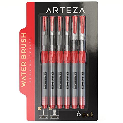 Arteza Water Brush Pens - Self-moistening - Portable (Assorted Tips, Set of 6)