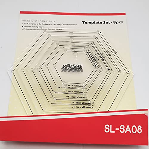 HONEYSEW 1/4" Seam Allowance Hexagon Template Set for Quilting 8 Size Sewing Rulers