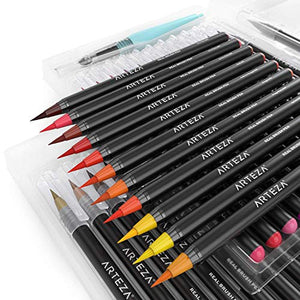 Arteza Real Brush Pens, 48 Colors for Watercolor Painting with Flexible Nylon Brush Tips, Paint Markers for Coloring, Calligraphy and Drawing with Water Brush for Artists and Beginner Painters