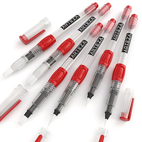 Arteza Water Brush Pens - Self-moistening - Portable (Assorted Tips, Set of 6)
