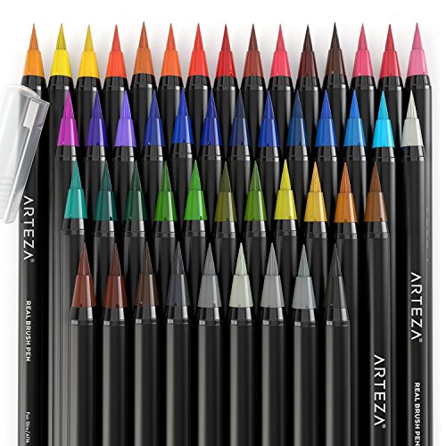 Arteza Real Brush Pens, 48 Colors for Watercolor Painting with Flexible Nylon Brush Tips, Paint Markers for Coloring, Calligraphy and Drawing with Water Brush for Artists and Beginner Painters