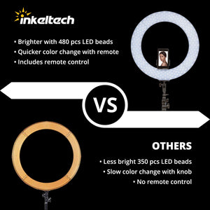 Inkeltech Ring Light - 18 inch 60 W Dimmable LED Ring Light Kit with Stand - Adjustable 3000-6000 K Color Temperature Lighting for Vlog, Makeup, YouTube, Camera, Photo, Video - Control with Remote