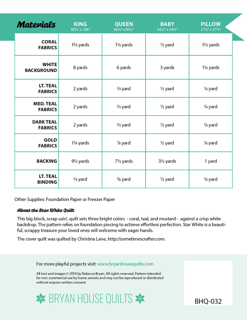 Star Bright Materials List