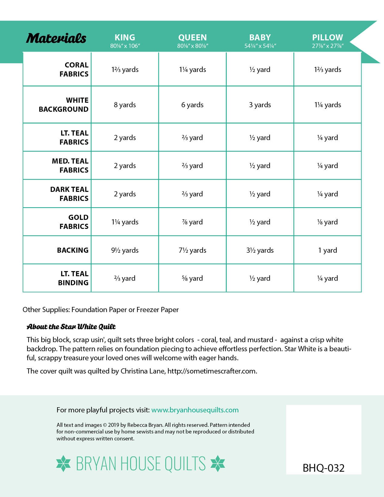 Star Bright Materials List